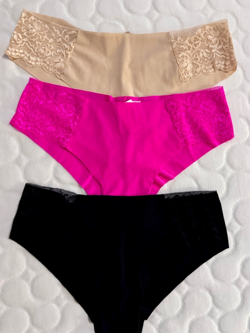 💖 PINK Victoria's Secret Nude, Hot Pink & Black Lace cheeky Panty Trio